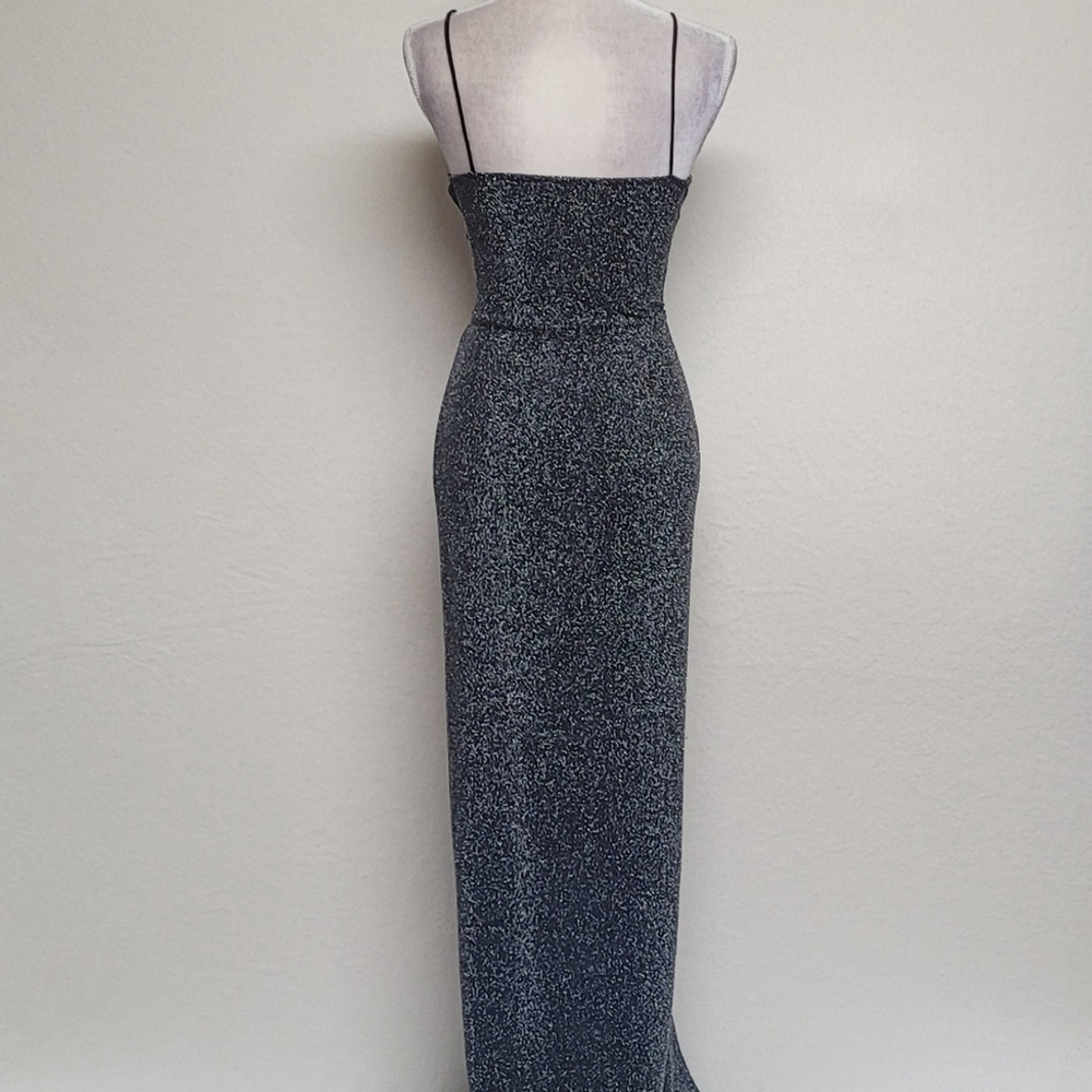 90s Vintage Mind Code Black Metallic Knit V-neck Thigh High Slit Maxi Dress L - Picture 6 of 11